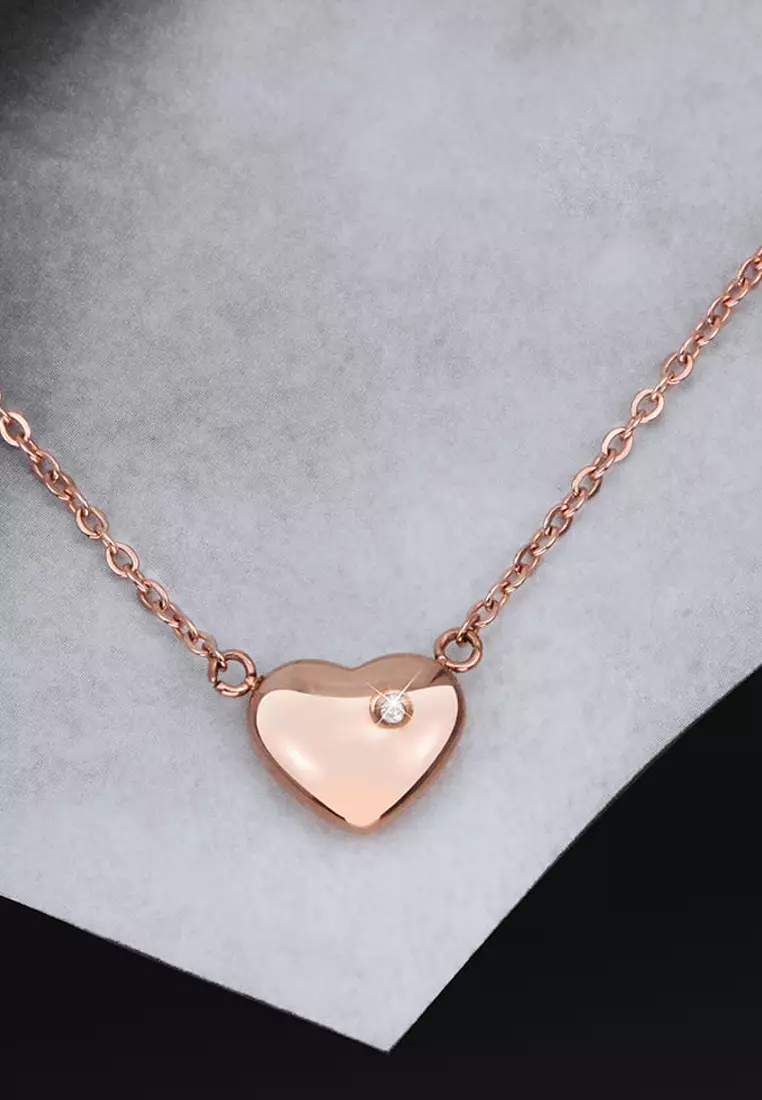 Puffy Heart Necklace in Rose Gold Plated Titanium with Genuine 0.01ct Diamond