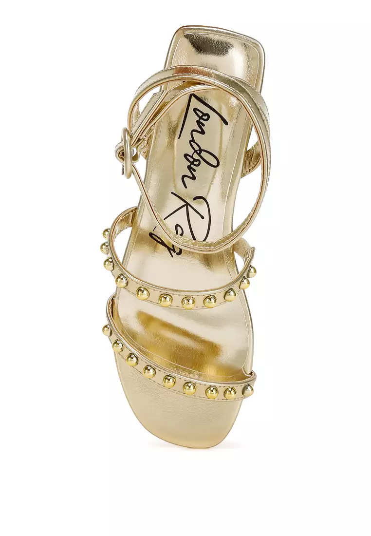 Studded Ankle Strap Flat Sandals in Gold