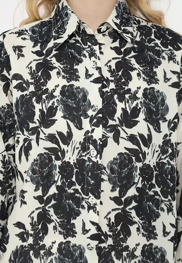 Cotton Shirt With Rose Pattern In White By Brilliant Girl Warna PUTIH