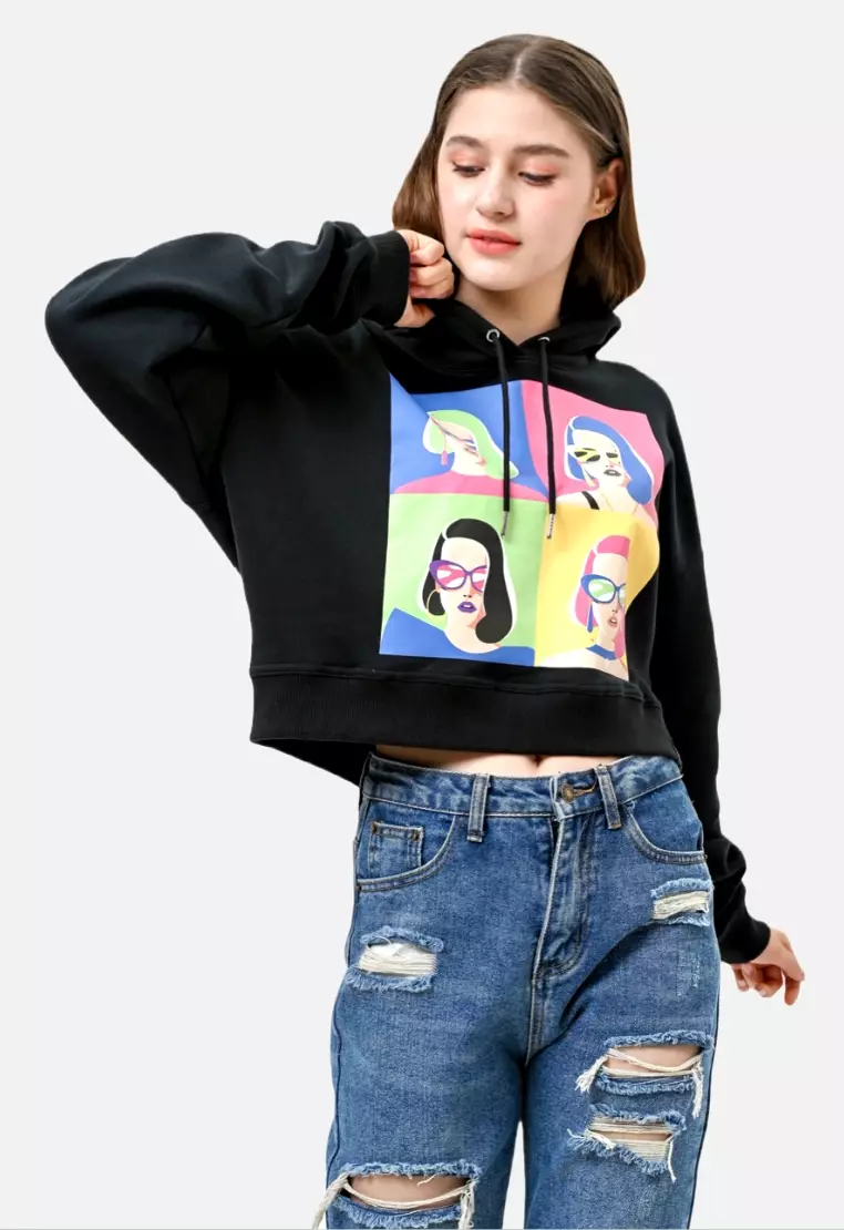 TONIQUE Hoodie Wanita Crop Katun Hitam SHERRY Women's Regular Fit Cotton Crop Hoodie Black