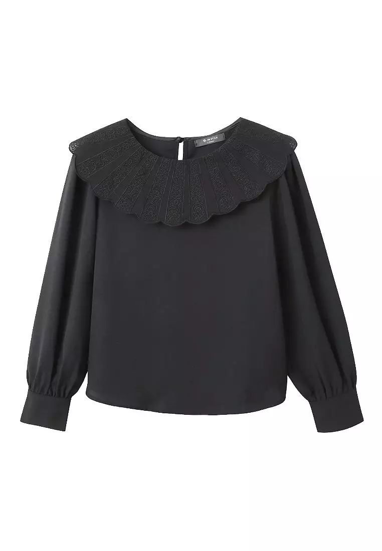 蕾絲雕花領片不易皺拋袖上衣《AB17917》