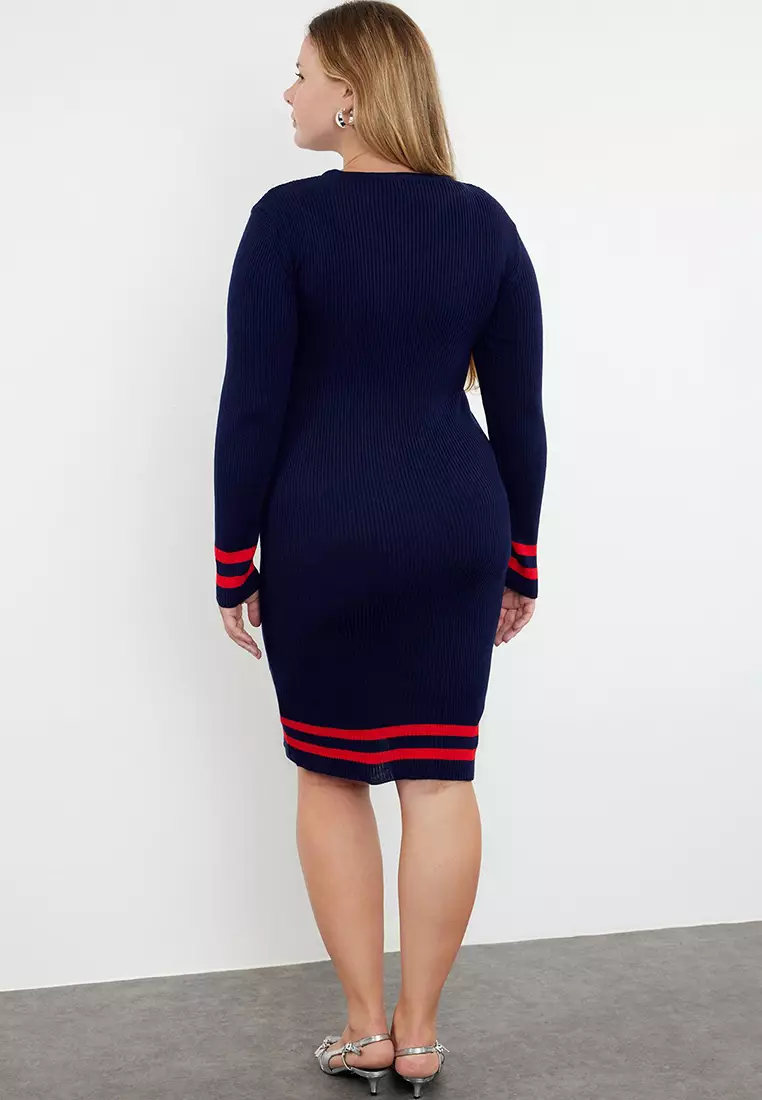 Navy Blue Stripe Detail Ribbed Knit Dress Tbbaw24Ah00019