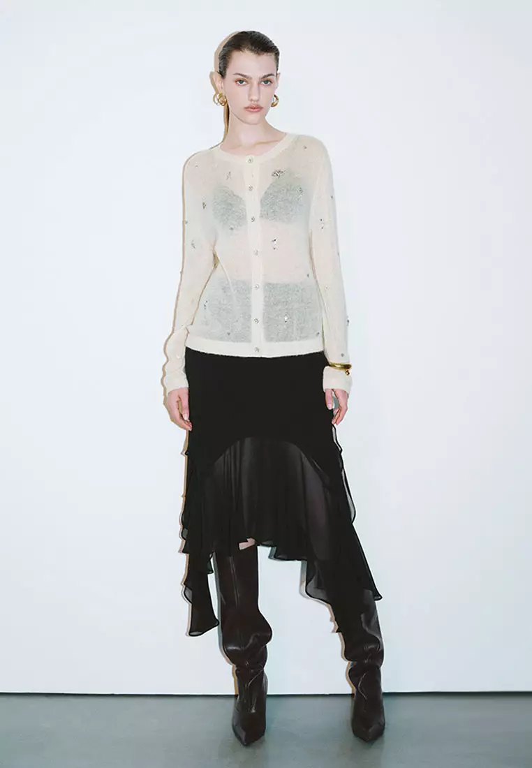 UR春季新款女装摩登魅力烫钻饰圆领针织开衫UWG950024