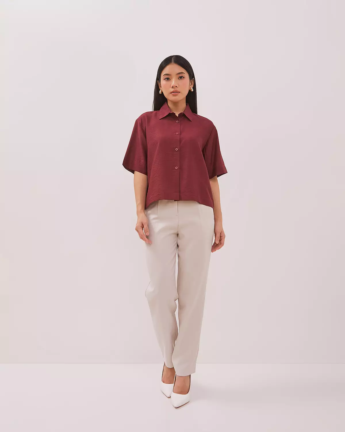 MAROON RED SHORT-SLEEVED BLOUSE FOR WOMEN