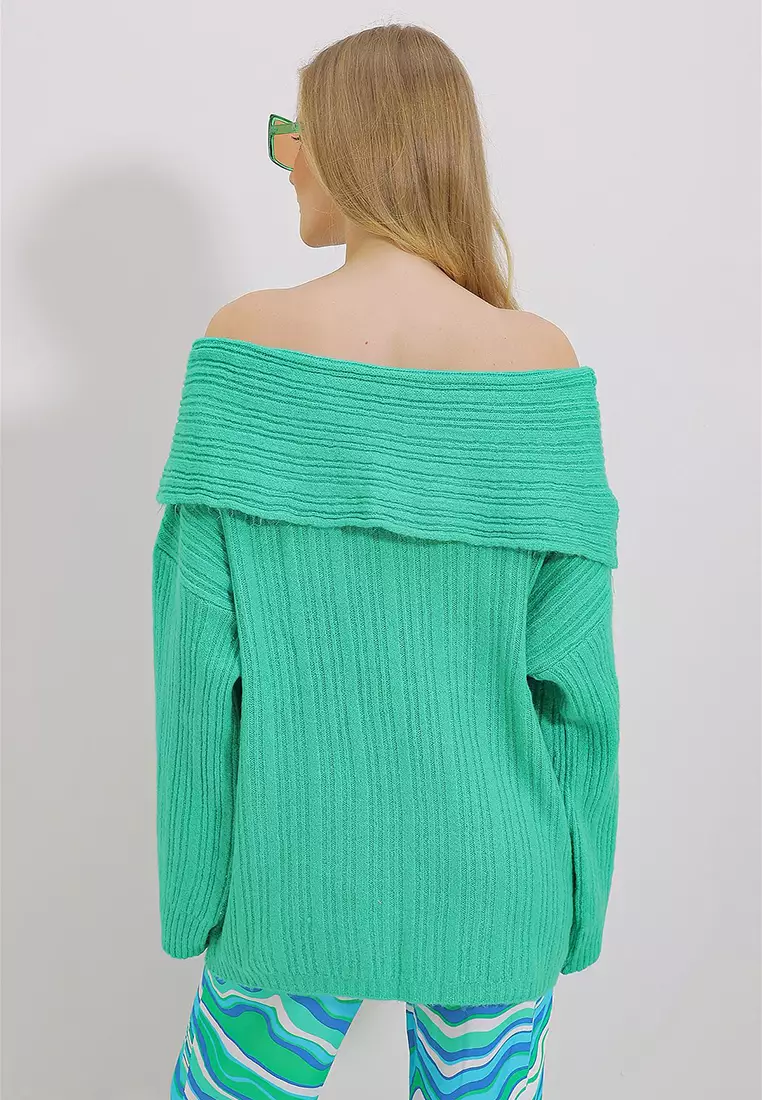 Buy Alacati Women's Green Madonna Collar Ribbed Oversize Sweater Alc ...