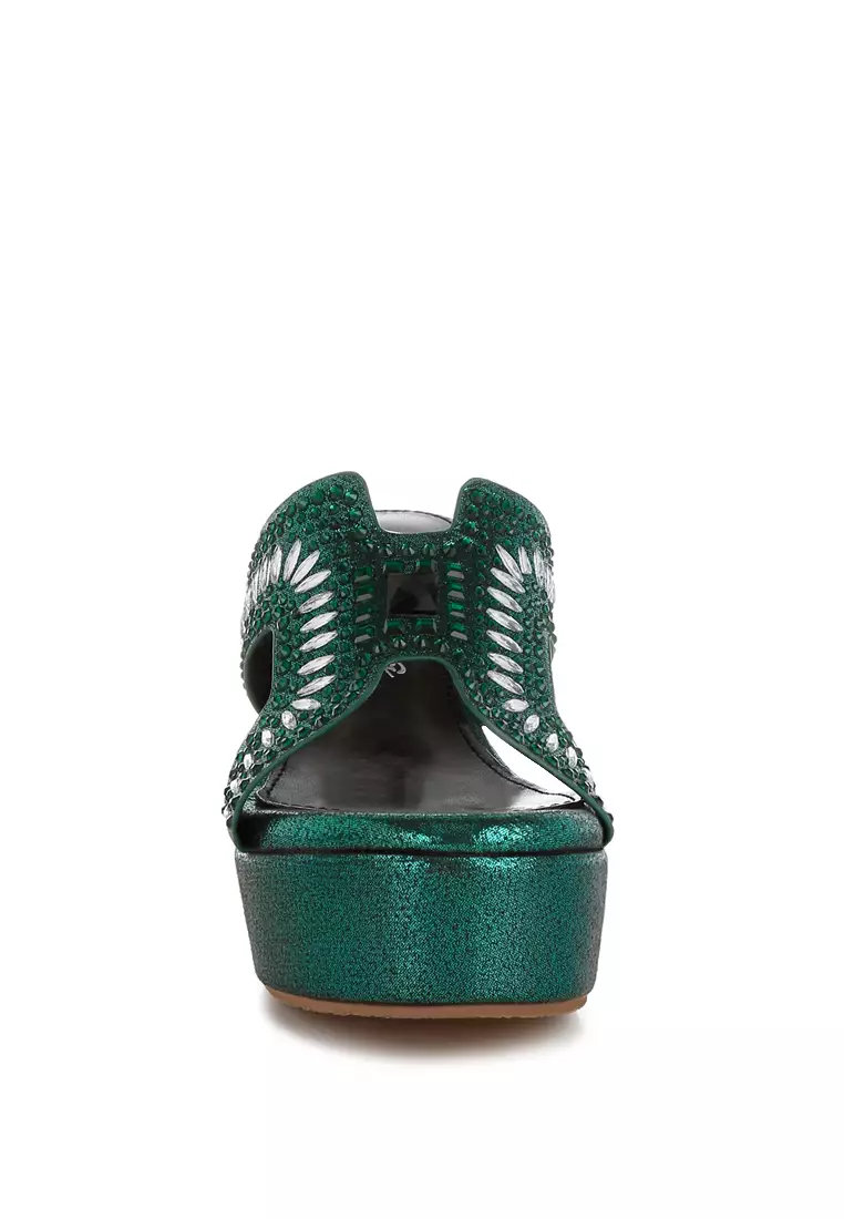 Diamante & Rhinestone Detail Cut-Out Sandals in Green