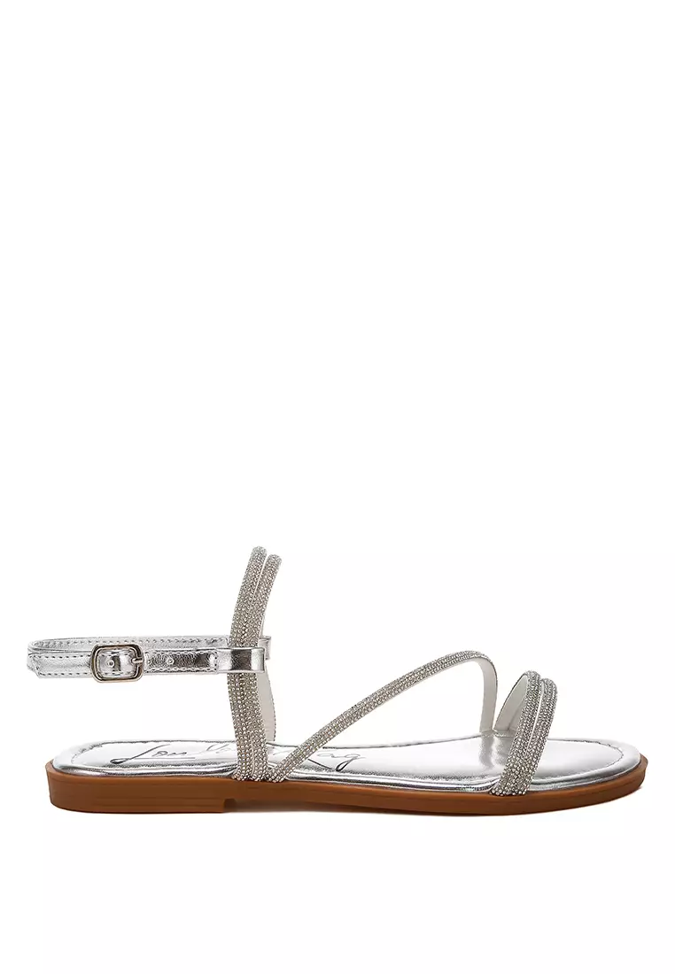 Rhinestone Strappy Flat Sandals in Silver