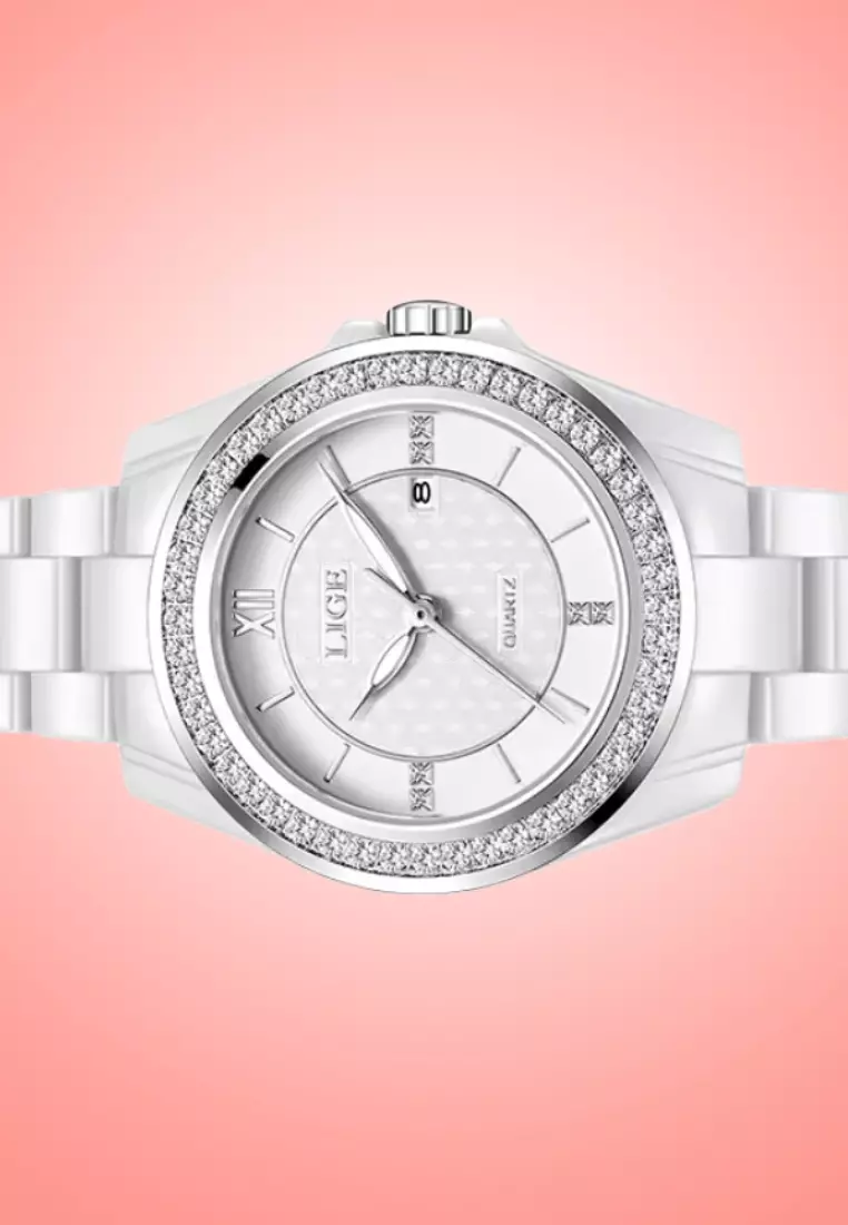 Ladies Alloy Quartz Watch, 32mm , Paved with Crystals, Ceramic Bracelet