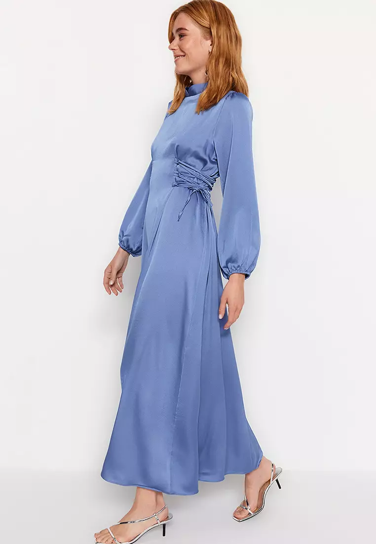 Zomerjurk voor dames, casual, ronde hals, fladdermouwen, gesmokt, elastische taille, lange jurk, ruches, A-lijn, zomerjurk, strandjurk, maxi- jurk, lichtgroen, M