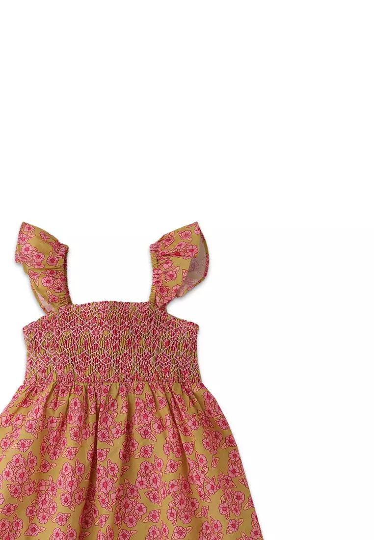 Girls Smocked Bodice 70S Floral Print Ruffle Dress