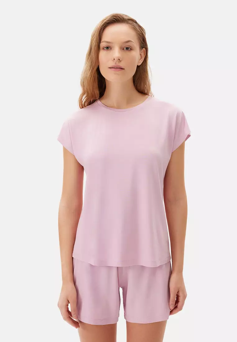 Light Pink T-Shirt & Shorts Knitwear Set, Boat Neck, Regular, Short Leg, Short Sleeve Sleepwear for Women