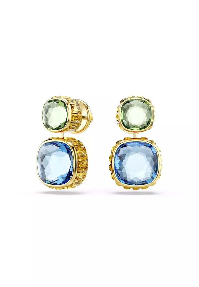Chroma drop earrings, Cushion cut, Multicolored, Gold-tone plated