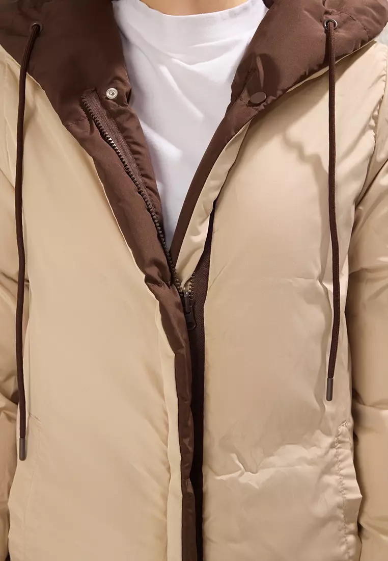 Dark Brown Ecru Double Sided Regular Fit Hooded Water Repellent Long Down Coat