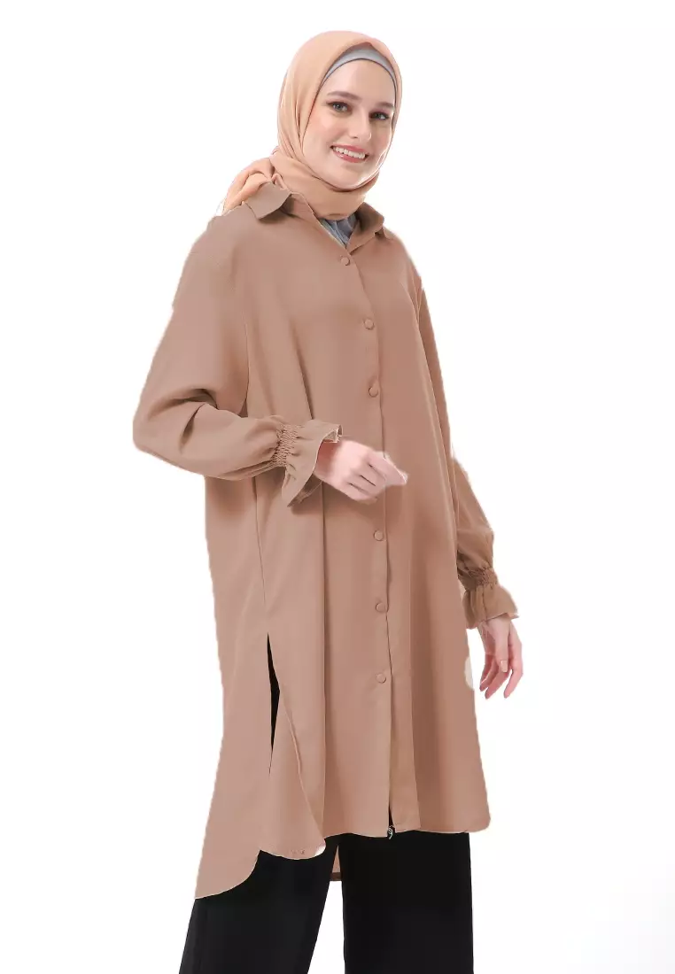 Icella Long Tunik Muslimah Atasan Wanita Motif Polos Lengan Panjang Premium Quality - Mocca