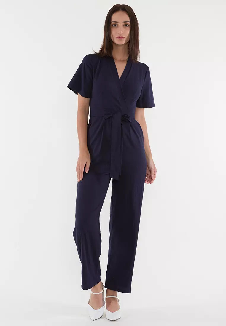 Buy Plain B. Plain B. Linen V-Neckline Short Sleeve Wide-leg Jumpsuit ...