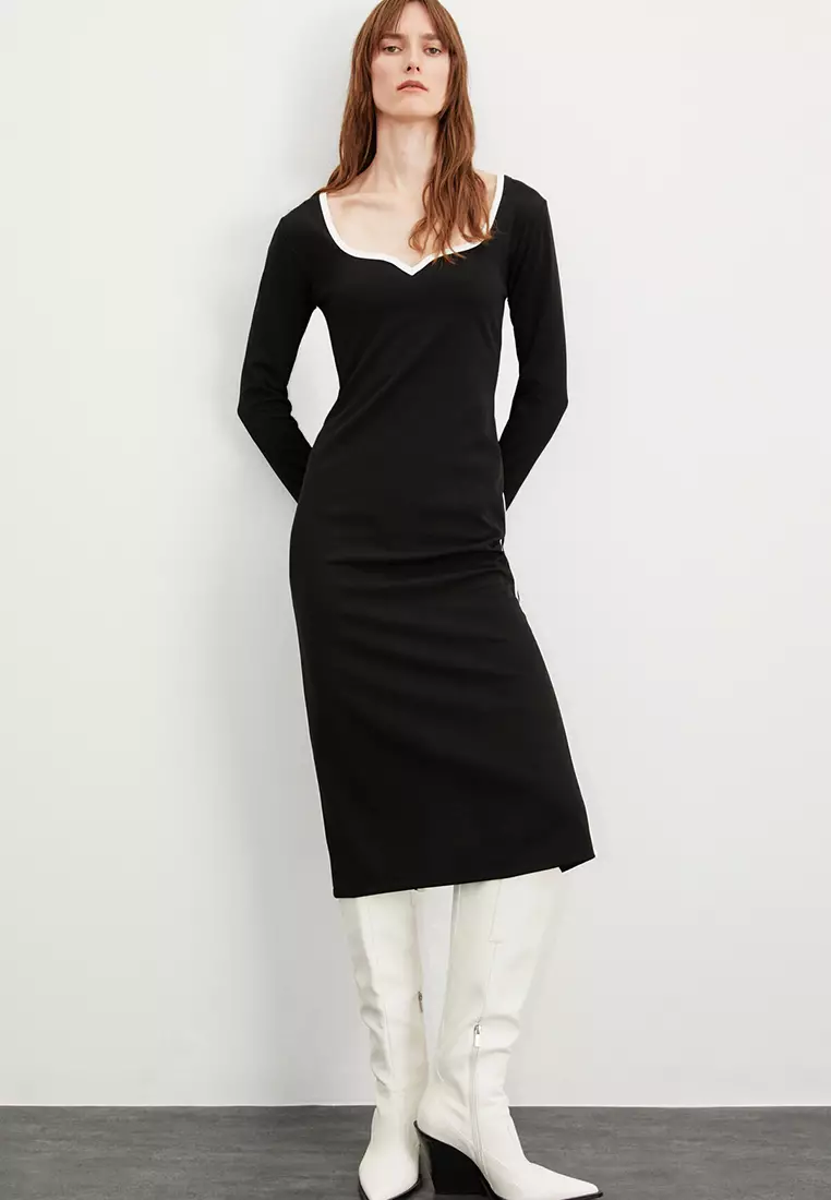 Mirabel Heart Collar Stretchy Crepe Knitted Fabric Fitted Midi Dress