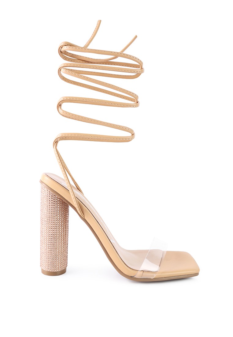 Latte Lace Up Diamante High Heeled Sandal