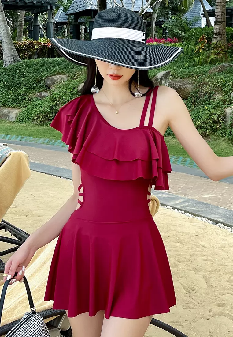 Red one piece swimsuit cheap with ruffles