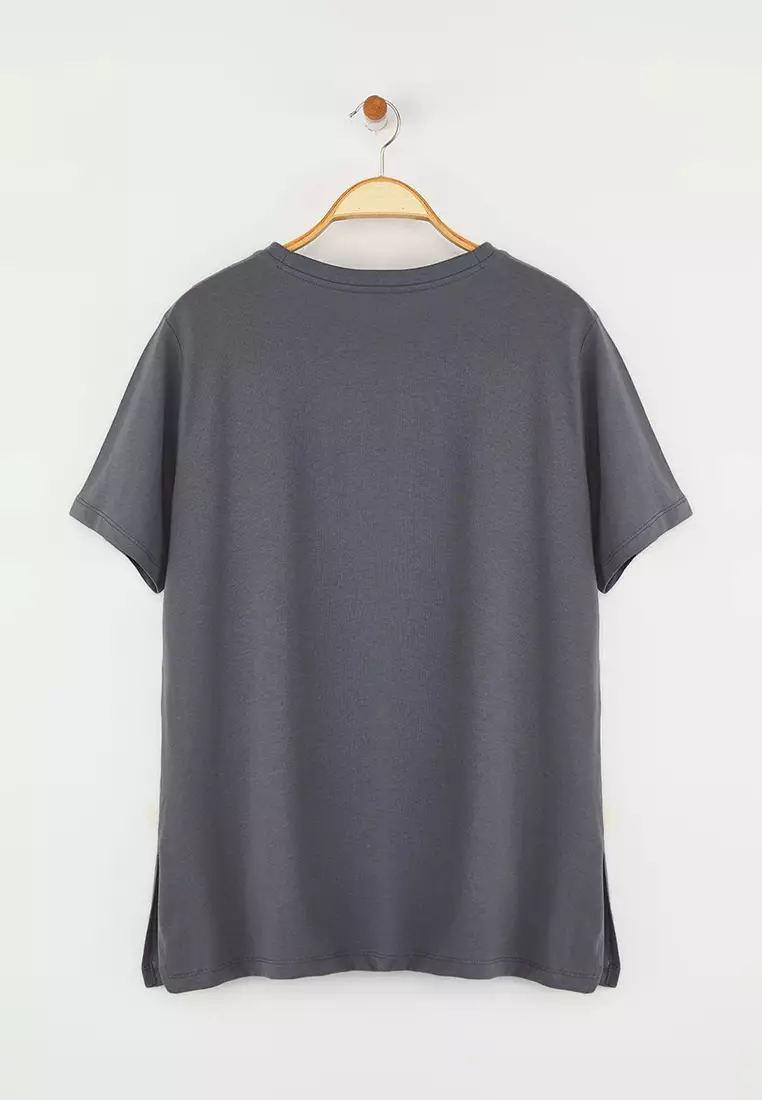 Anthracite Crew Neck 100% Cotton Knitted T-Shirt Tbbss23Bf00030