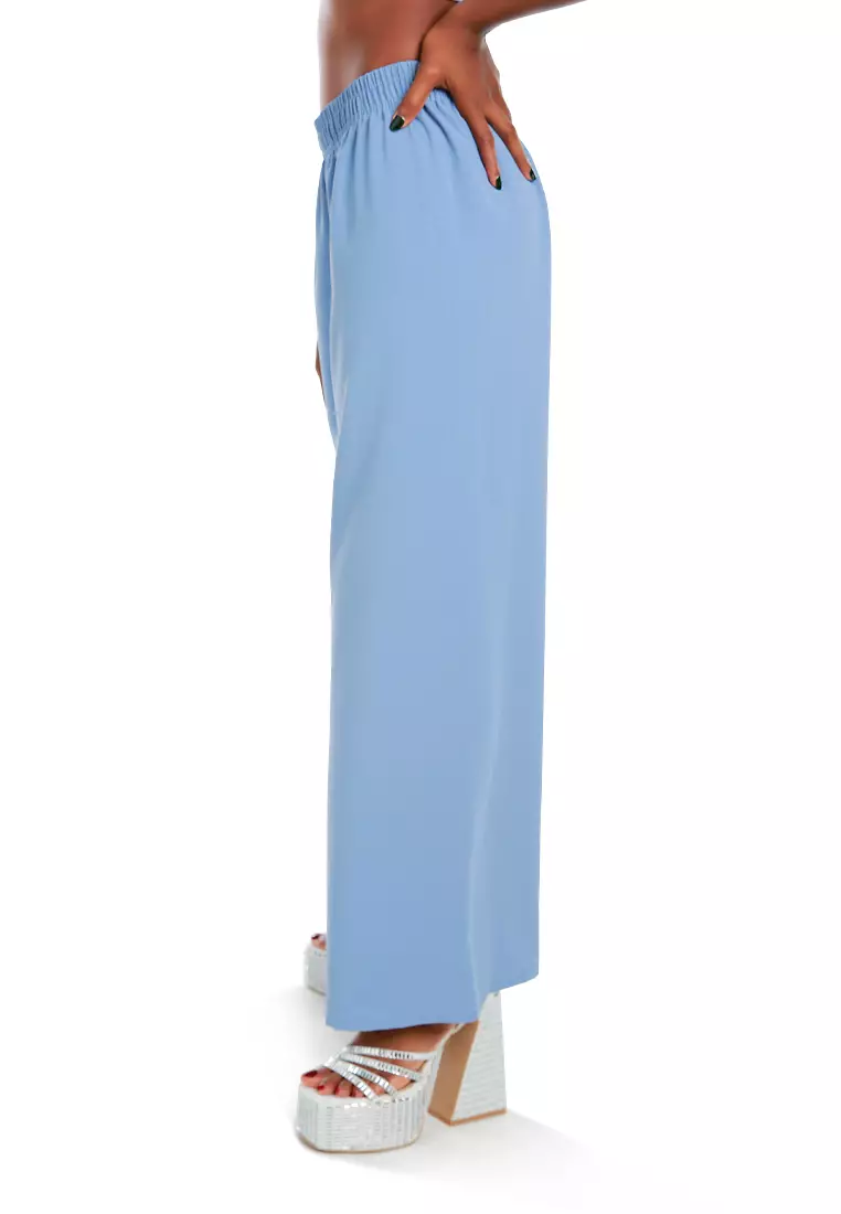 Blue High Waisted Solid Wide Trouser Pants