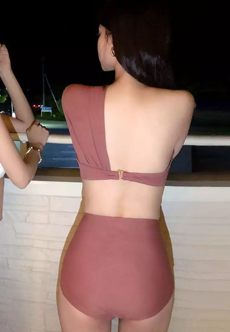 Slant Shoulder Split High Waist Two Piece Swimsuit CA071701RD