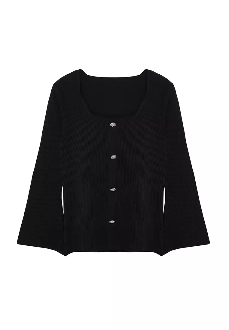 Black Square Neck Ribbed Button Knitwear Blouse Tbbaw25Af00001