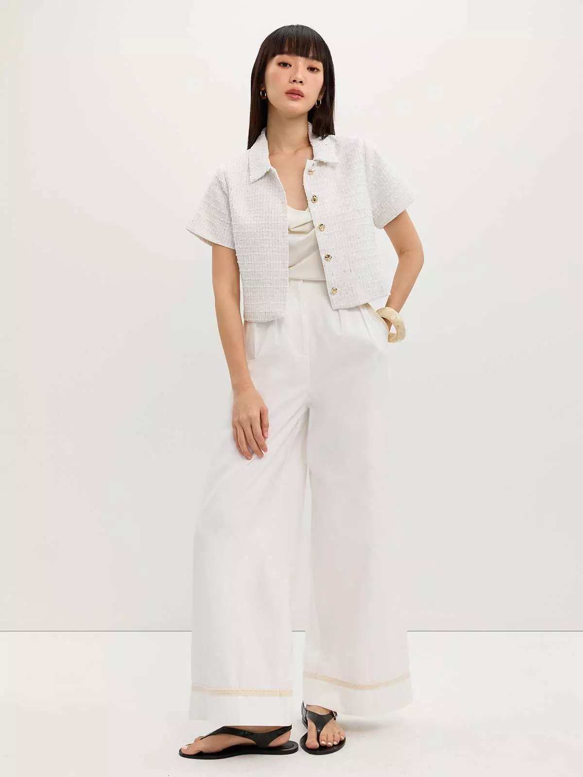 Pomelo - Kemeja / Shirt Wanita - Tweed Crop Top - White