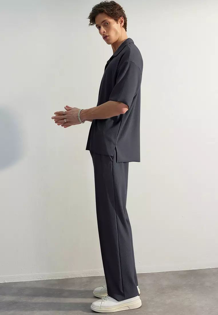 Limited Edition Smoke Oversize/Wide Textured Wrinkle-Free Ottoman Polo Neck T-Shirt TMNSS23PO00020