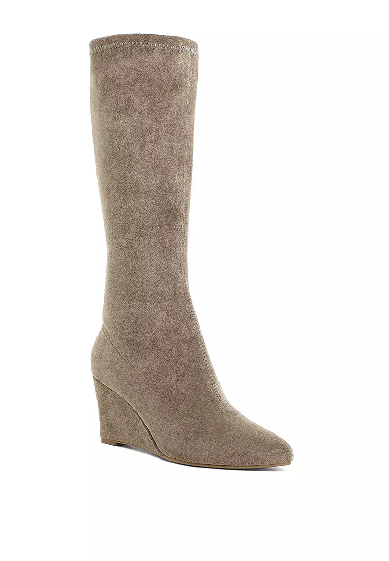 Microfiber Wedge Heel Boots in Taupe