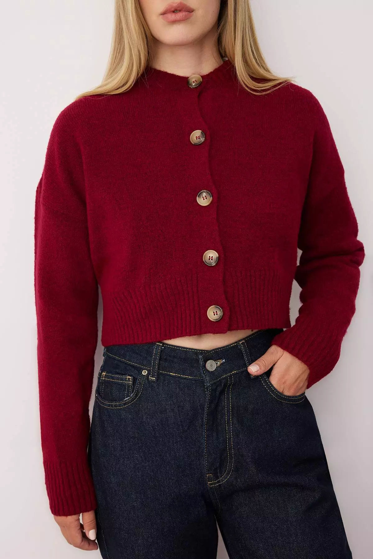Burgundy Crop Soft Textured Button Knitwear Cardigan