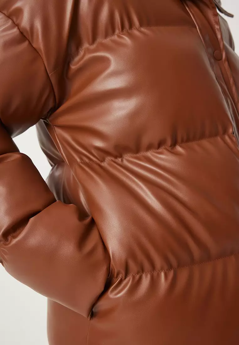 Stand Collar Faux Leather Puffer Coat