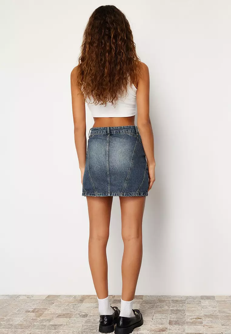 Dark Blue More Sustainable Faded Effect Vintage High Waist Mini Denim Skirt Twoss24Et00082