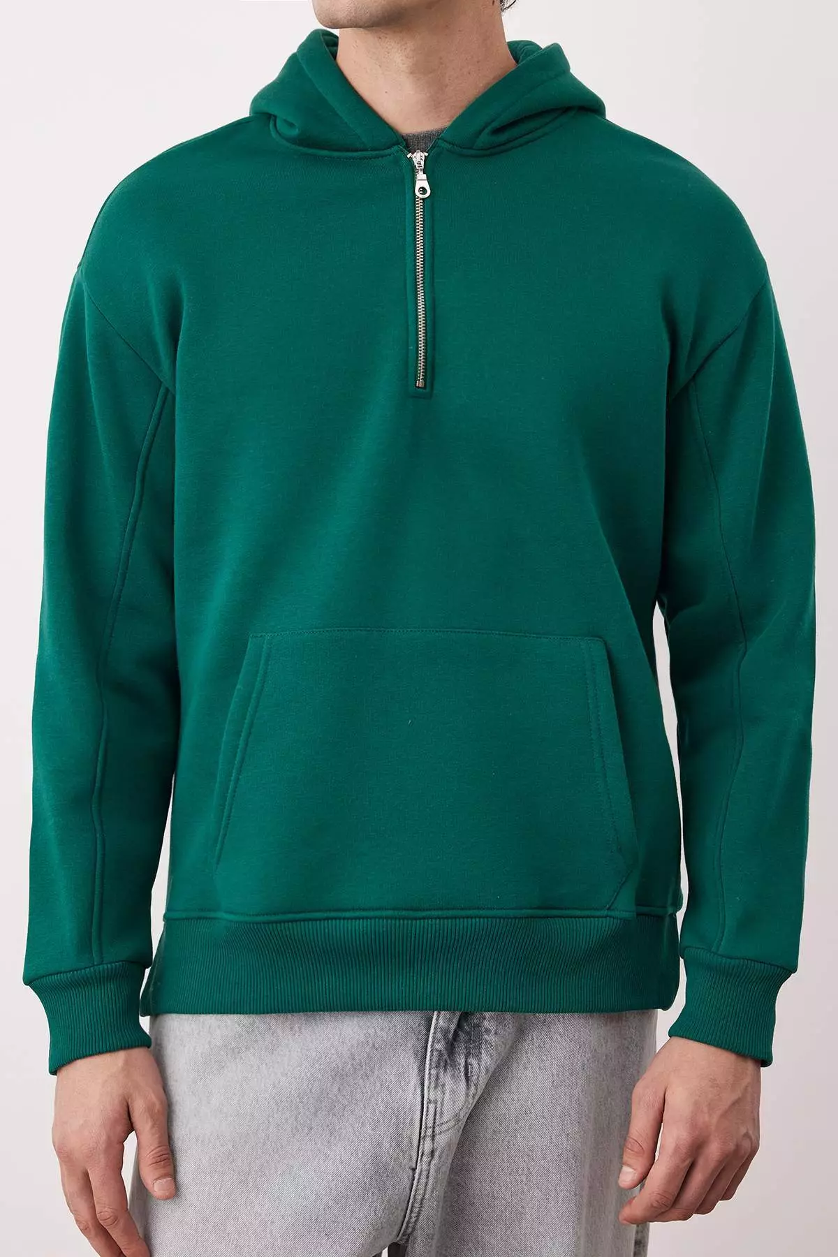 Emerald Green Oversize/Loose Cut Zipper Hooded Basic Sweatshirt With Fleece Inside Tmnaw25Sw00050