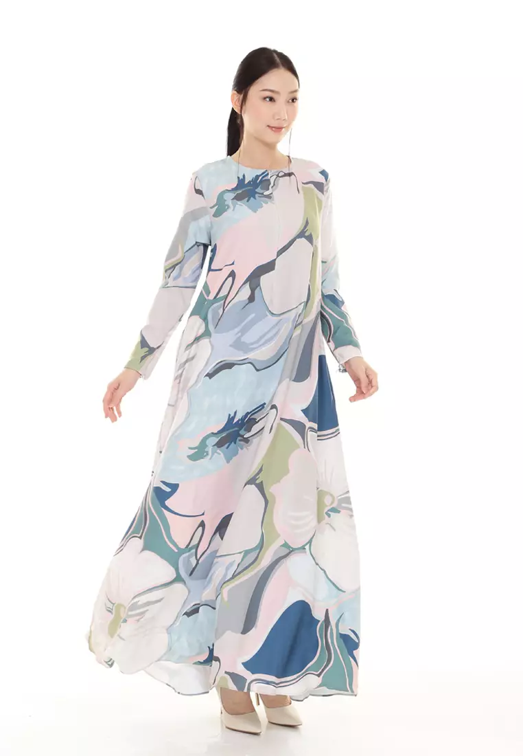 Felicia Printed Dress in Pink Blue