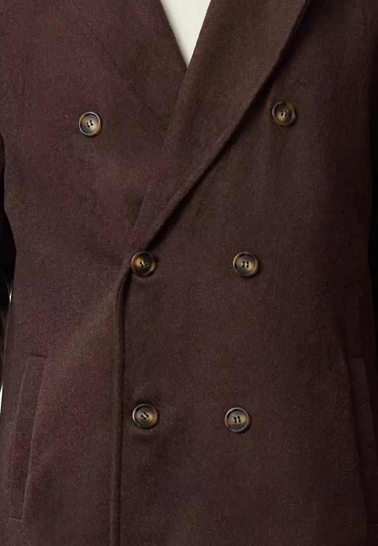 Brown Loose Fit Double Breasted Long Stitched Winter Coat TMNAW23KB00003