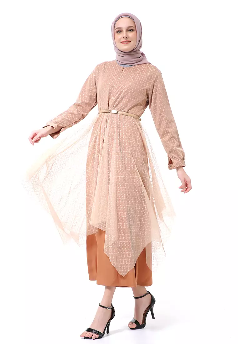 Zahwa Long Dress Gamis Muslimah Long Sleeve Free Belt High Quality - Mocha
