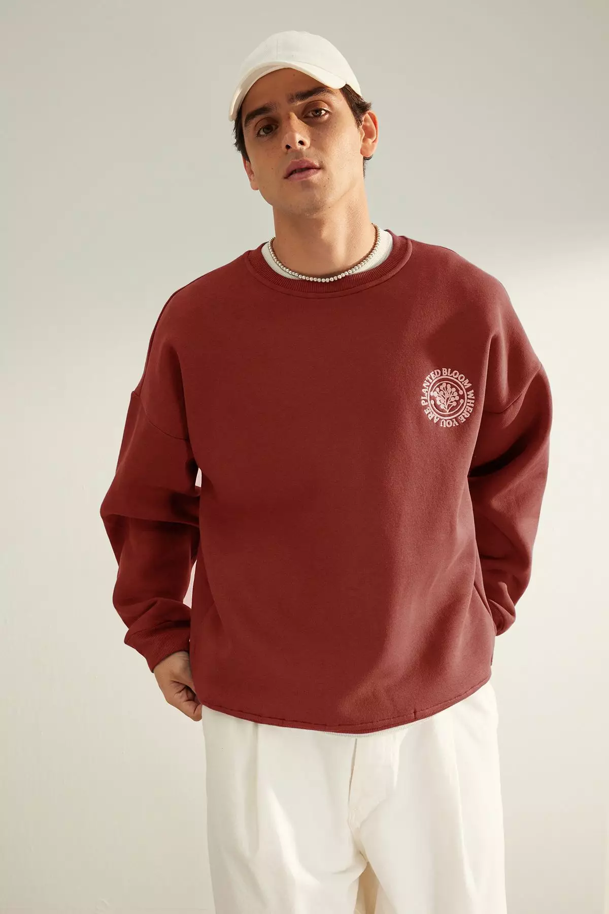 Brick Oversize/Wide Cut Floral Embroidered Polar Fleece Inside Cotton Sweatshirt TMNAW24SW00012