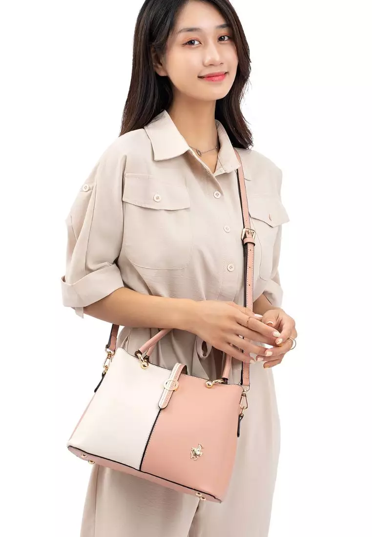 Women's Contrast Top Handle Bag / Shoulder Bag / Crossbody Bag - Pink