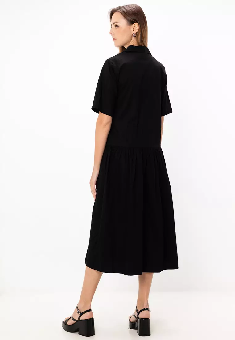 Twill Collared Button Midi Smock Dress