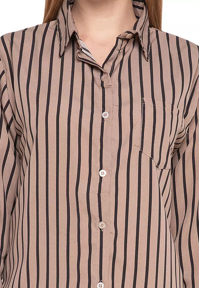 Anne Kemeja Long Sleeve Motif Stripe Atasan Wanita Casual - Mocca