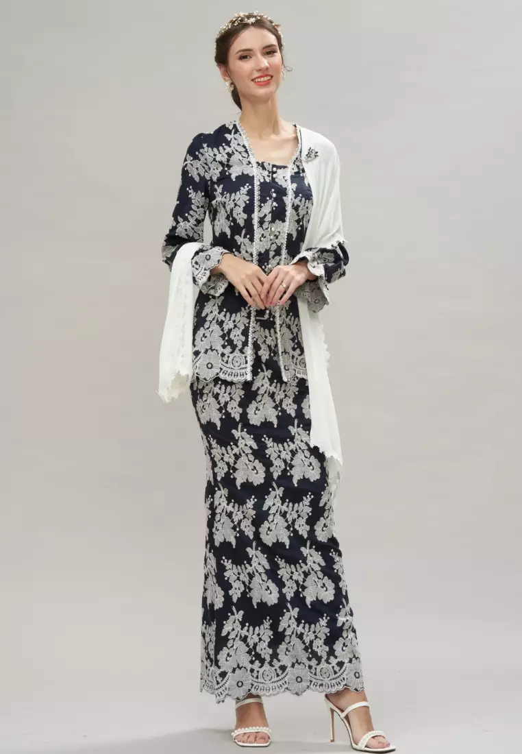 Navy Blue Silk Embroidery Puff Sleeve Kebaya Top & Maxi Skirt Hari Raya