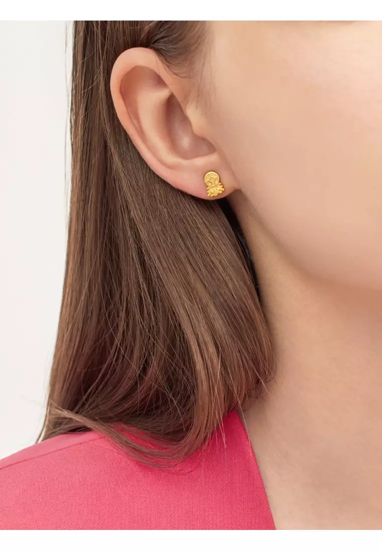 Chinese Gifting Collection 999 24K Solid Gold Ancient Coin with Chinese Character (æ´)"Super Wealth" Stud Earring for Women 93114E (Sold Single Not Pair) (gold)