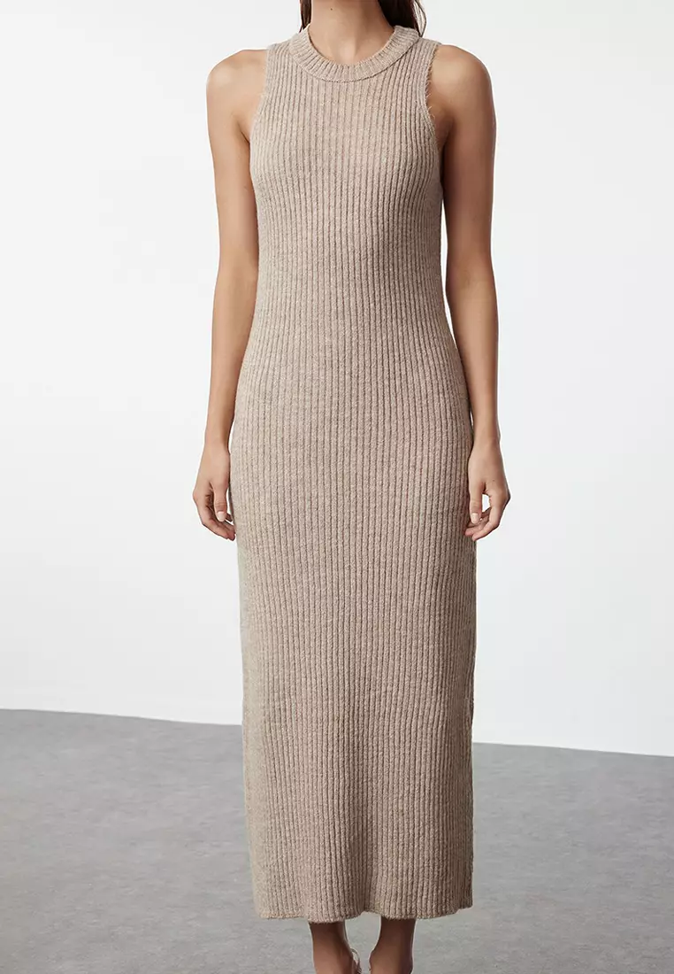 Light Brown Corded Soft Textured Knitwear Dress Cardigan Suit TCTAW25US00049