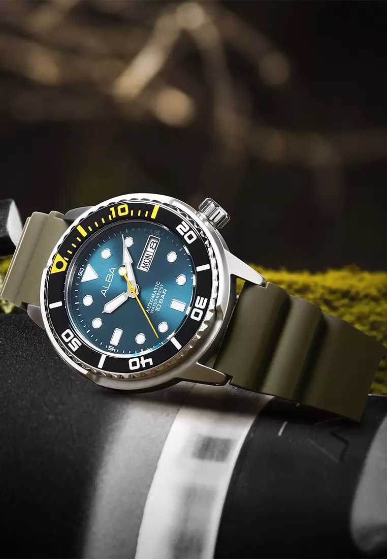 Alba Mechanical - Jam Tangan Automatic Pria - Silver - Green Silicone Strap - AL4249X1