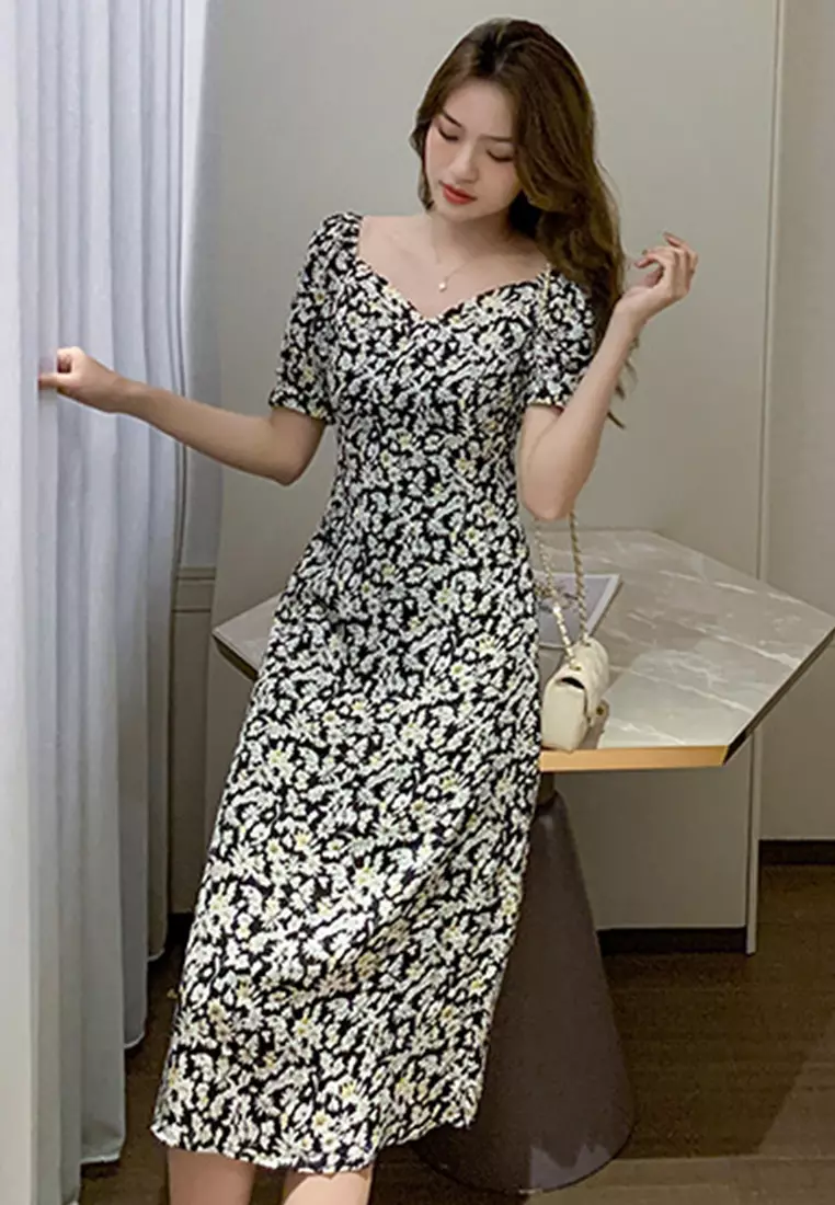 Buy Sunnydaysweety French Floral Chiffon Large V Neck One Piece