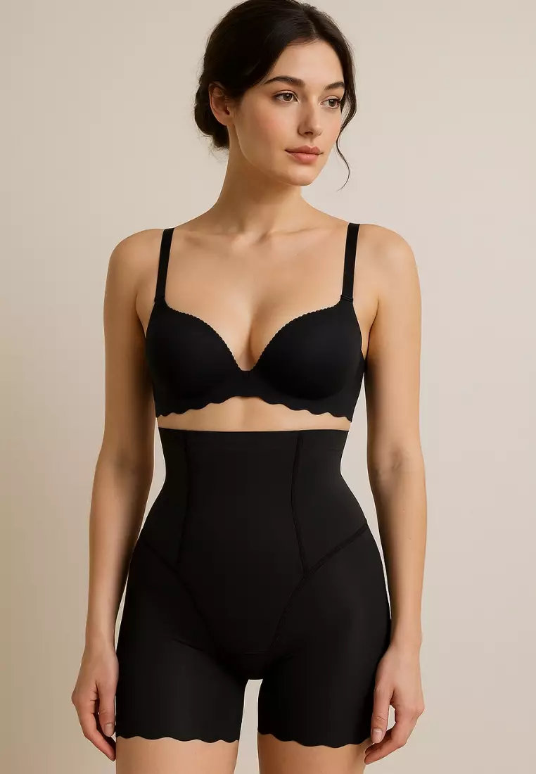 Premium Jazlyn High-Waisted Ice-Silk Contour Shaping & Lifting Girdle Shorts Scallop Hem in Black