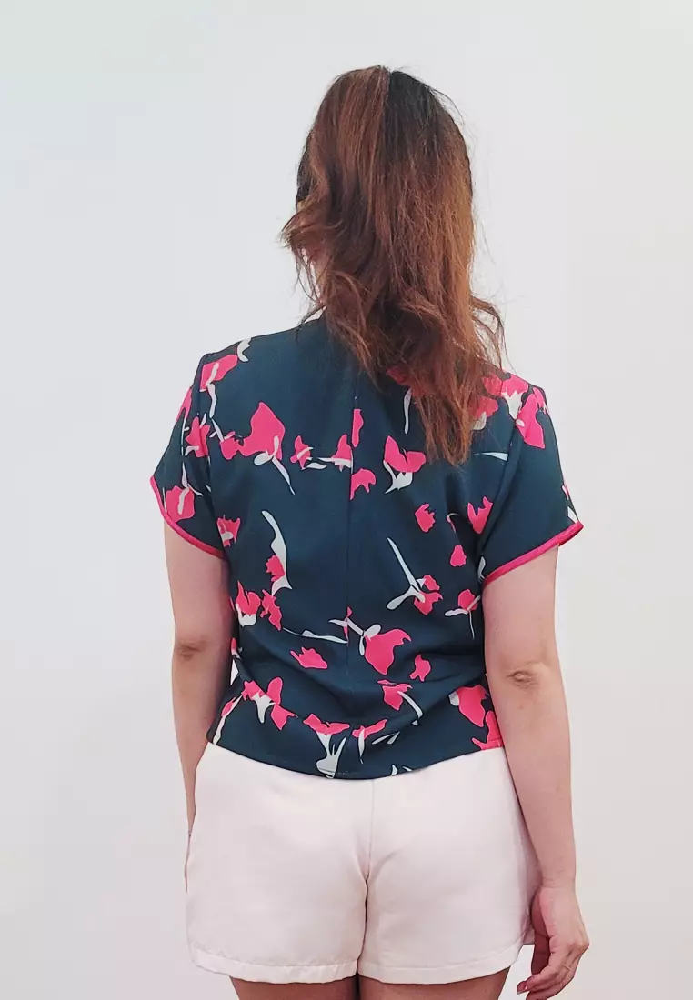 Ivory Cheongsam Top in Dark Green Pink Printed