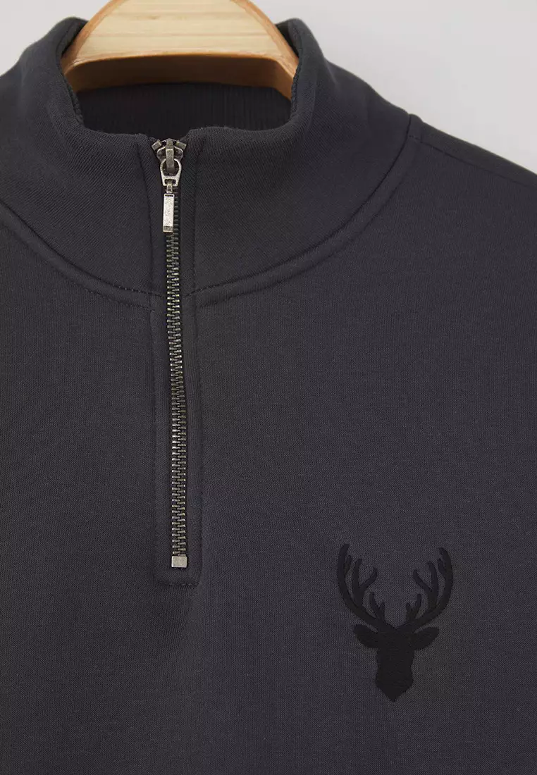 Anthracite Regular Cut Stand Collar Zippered Cotton Deer Embroidery Sweatshirt
