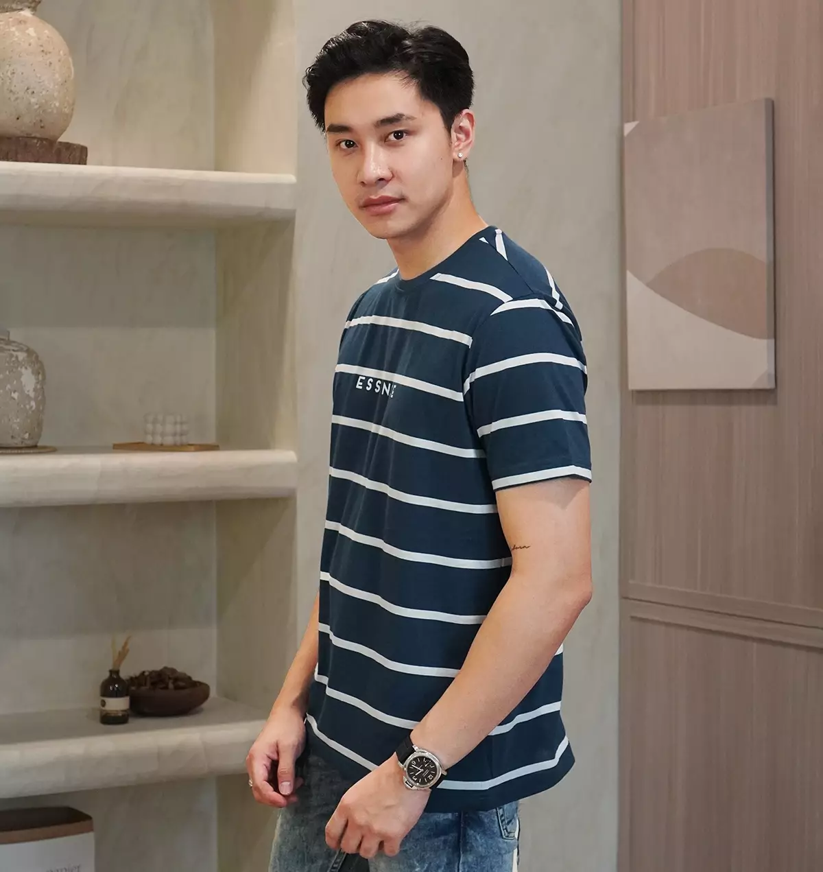 Matsuda T Shirt Pria Kaos Stripe Essence Baju Katun Garis Blue Teal