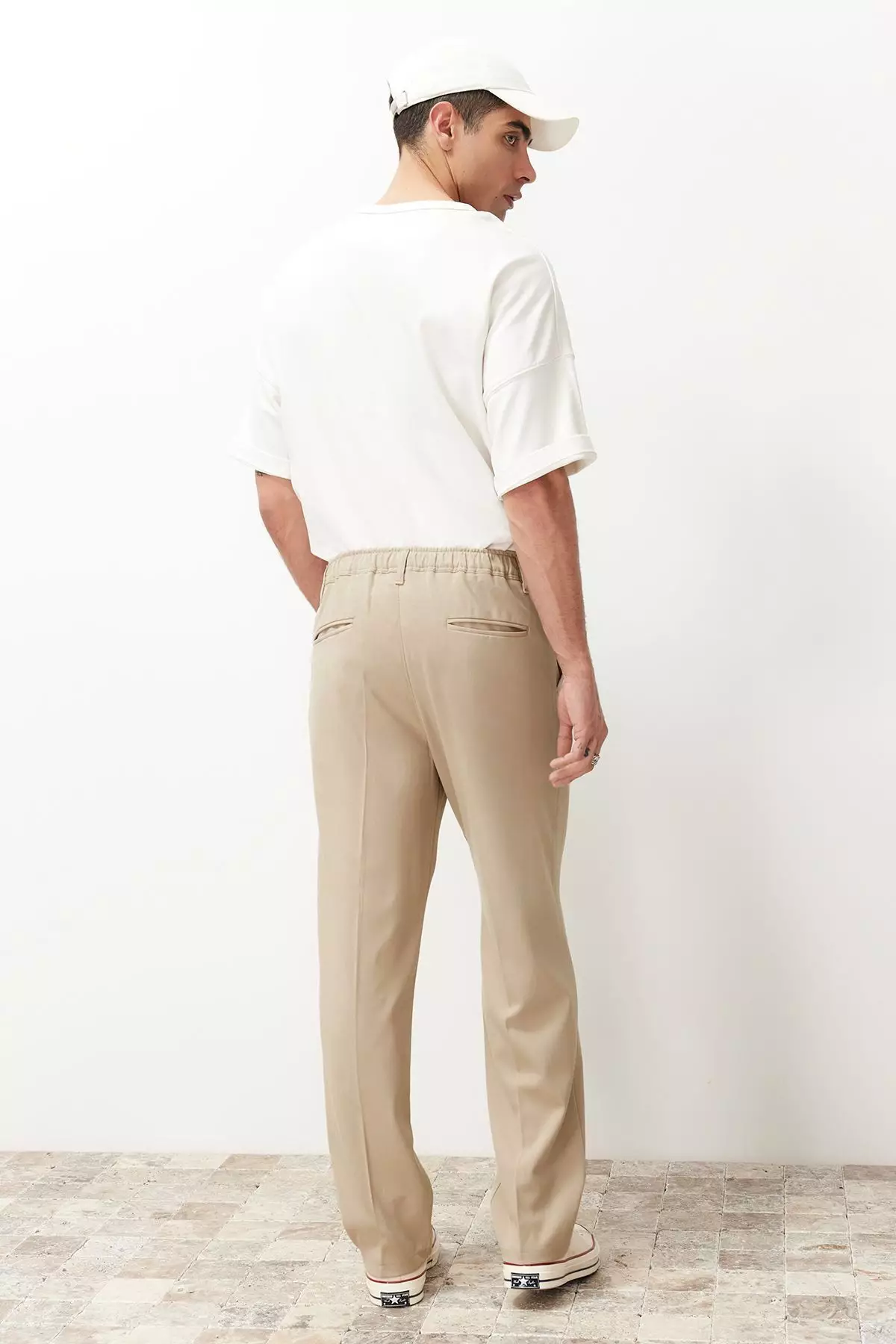 Beige Pleated Classic Baggy Fit Fabric Trousers TMNSS24PL00024
